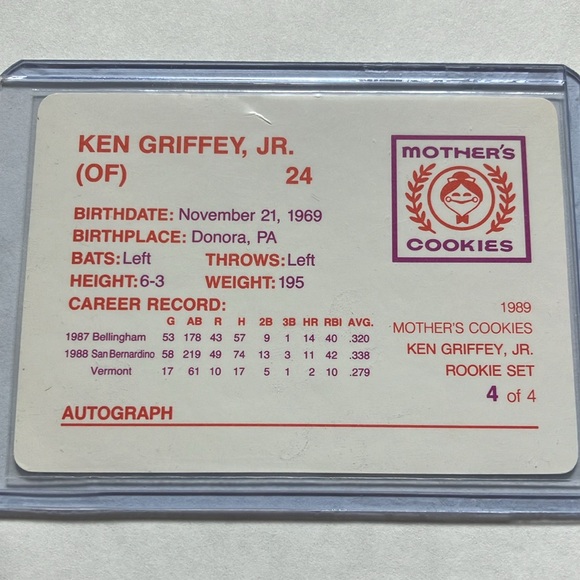 1989 Mothers Cookies Ken Griffey Jr Seattle Mariners Rookie Card RARE - Picture 3 of 4